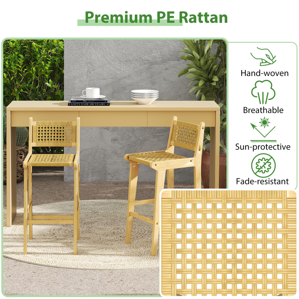 Patio teak wood bar stool with hand-woven PE rattan backrest, featuring a smooth finish for outdoor comfort.