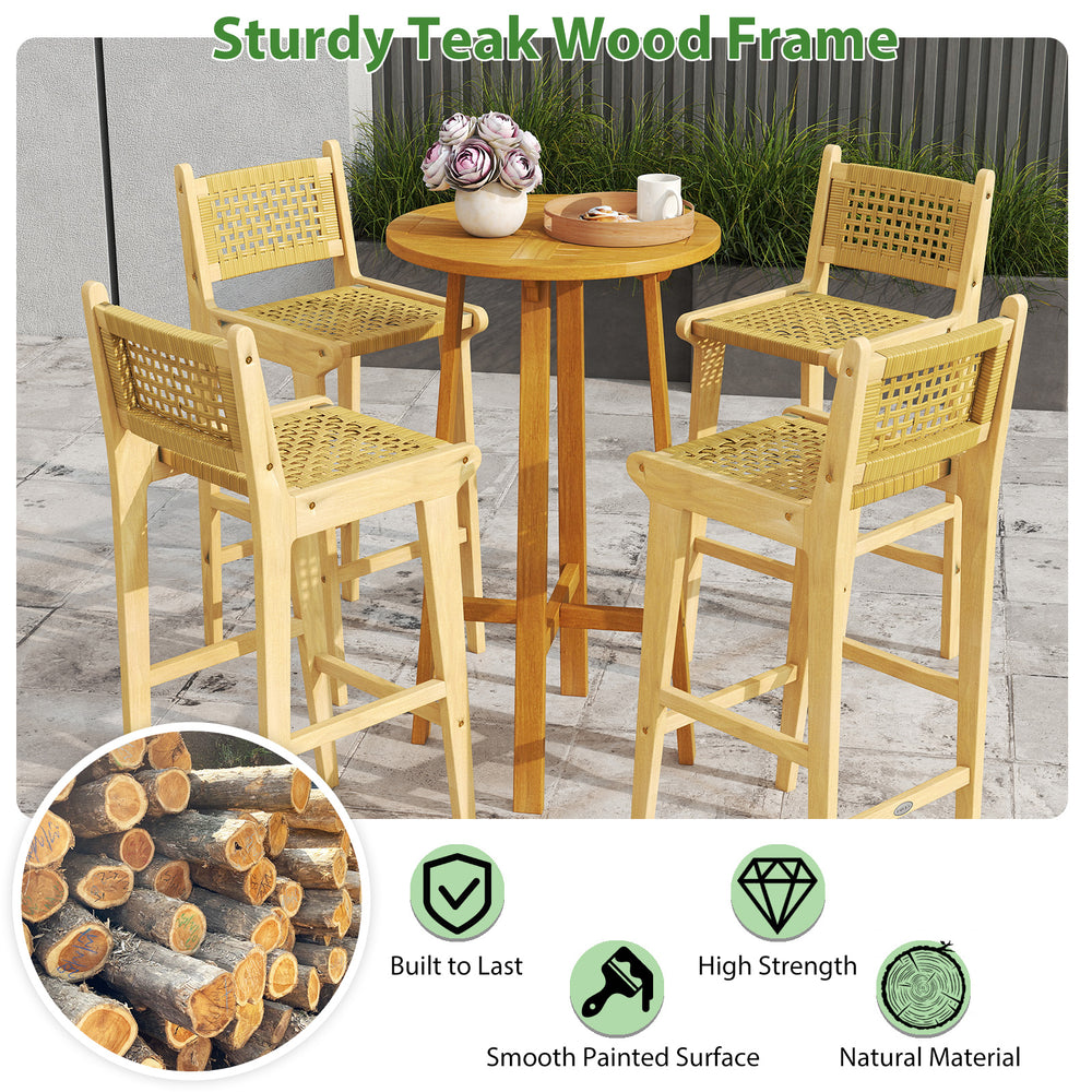 Patio teak wood bar stool with rattan backrest, featuring a smooth surface and ergonomic design for outdoor comfort.