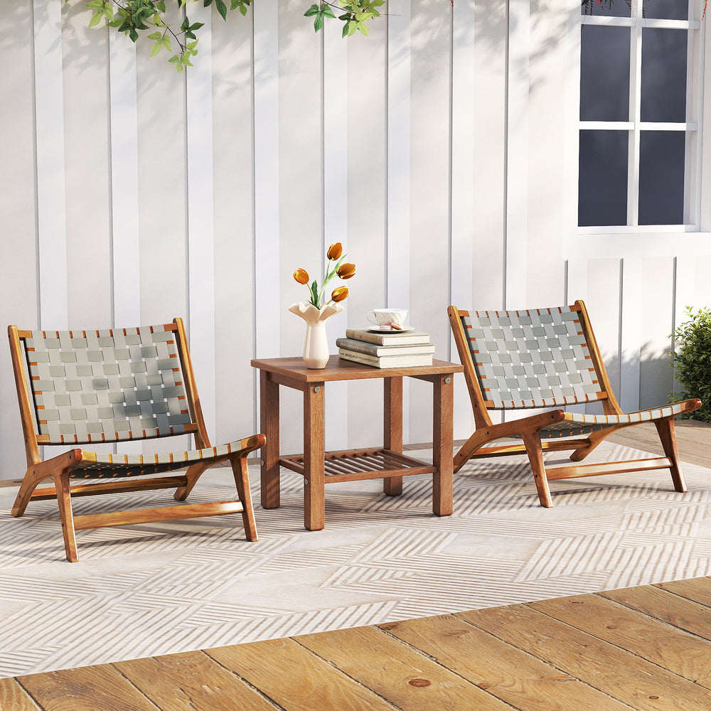 Mid-century accent chairs made of teak wood with nylon webbing seats, ideal for outdoor relaxation.