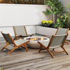 Mid-century accent chair made of teak wood with nylon webbing seat, ideal for outdoor patio relaxation.