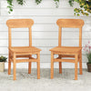 Teak wood armless dining chairs with slatted seats, featuring ergonomic backrests, ideal for outdoor use.