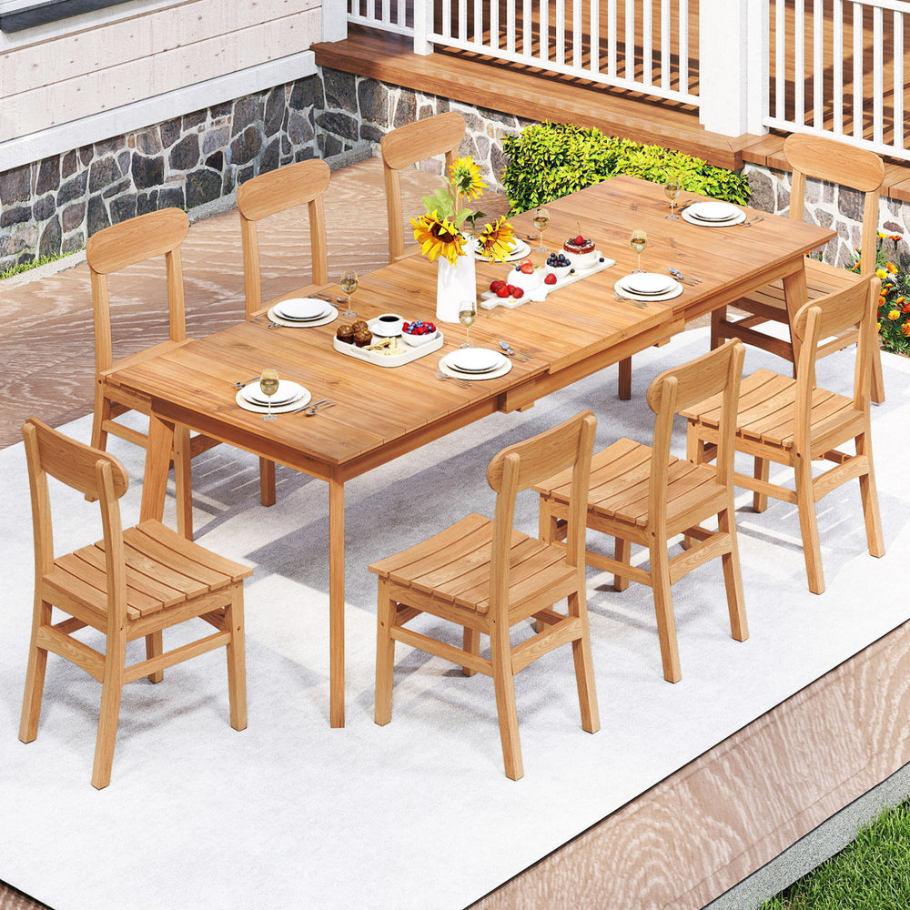 Teak wood dining chairs with slatted seats, featuring ergonomic backrests, ideal for outdoor dining in backyard or.
