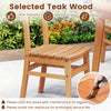 Armless teak wood dining chair with slatted seat, featuring a natural finish and ergonomic backrest for outdoor use.