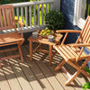 Teak wood side table with slatted design, ideal for outdoor gatherings, featuring a charming natural finish and sturdy.