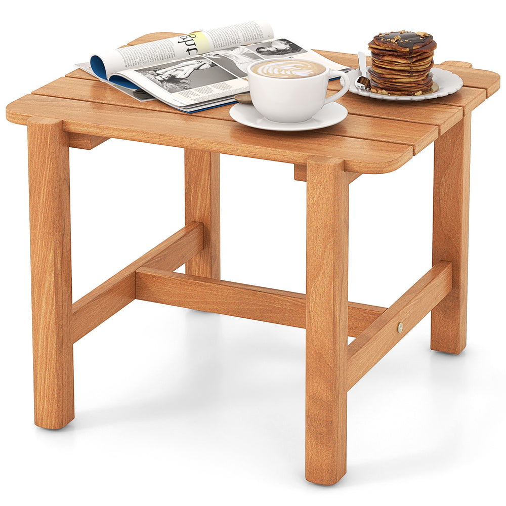 Teak wood side table with slatted tabletop, perfect for outdoor use on porch, deck, or garden. Smooth finish and sturdy.