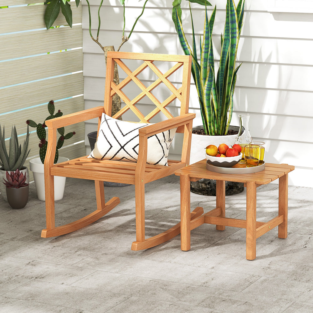 Teak wood side table with slatted tabletop, perfect for porch or balcony, showcasing natural charm and durability.