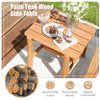 Teak wood side table with slatted tabletop, smooth surface, and natural finish, perfect for outdoor patio use.