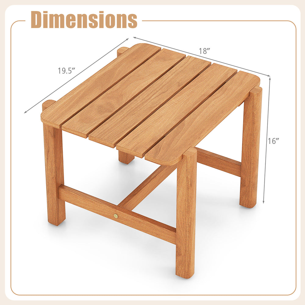 Teak wood side table with slatted tabletop, dimensions 19.5" x 18" x 16", perfect for patio or garden use.