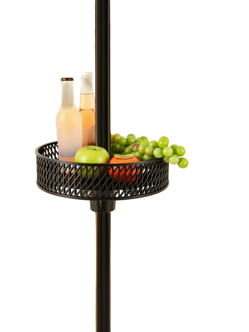 Adjustable black patio umbrella table tray with snacks and drinks, perfect for outdoor gatherings by the pool.