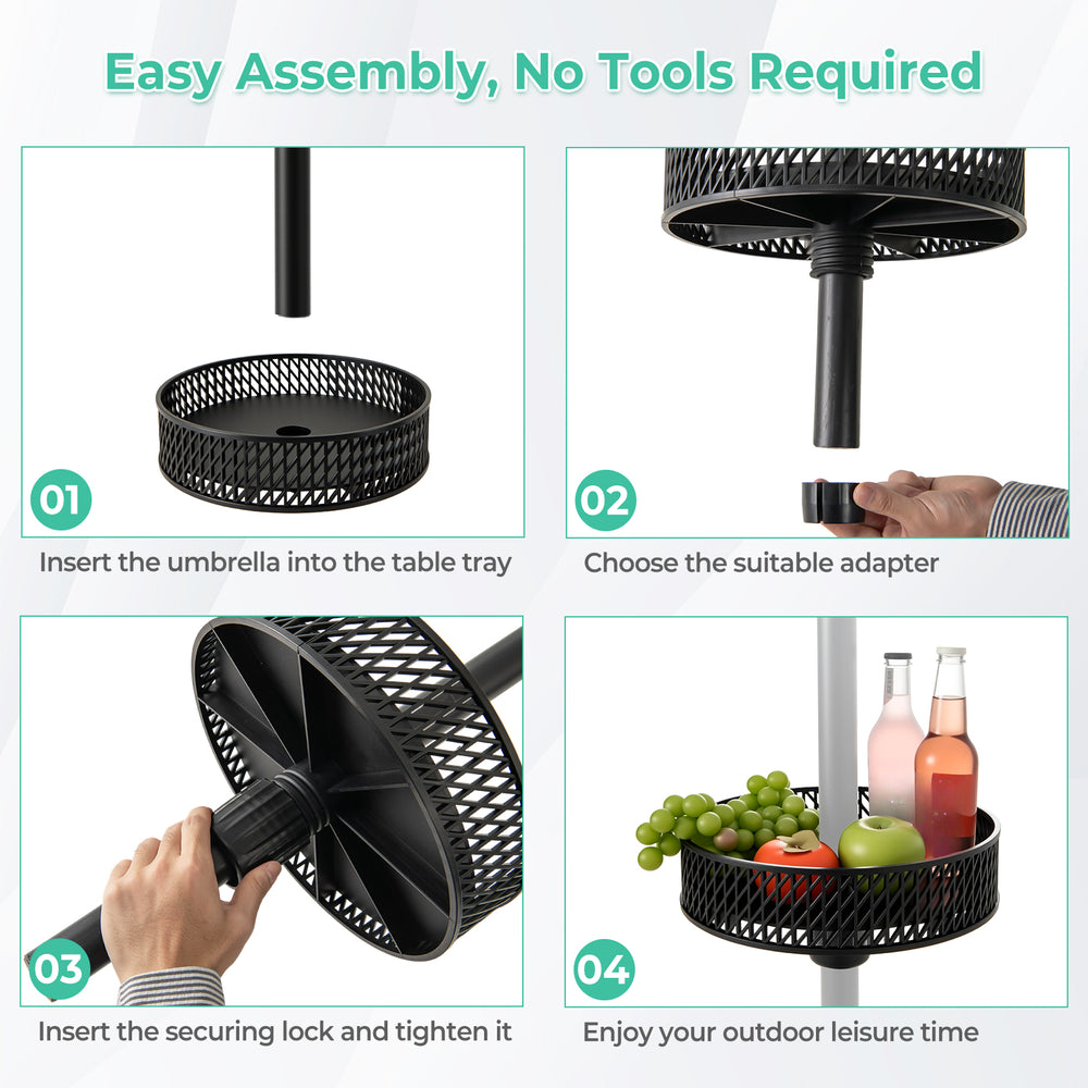Adjustable black patio umbrella table tray with storage, featuring easy assembly and multiple adapter sizes for outdoor.