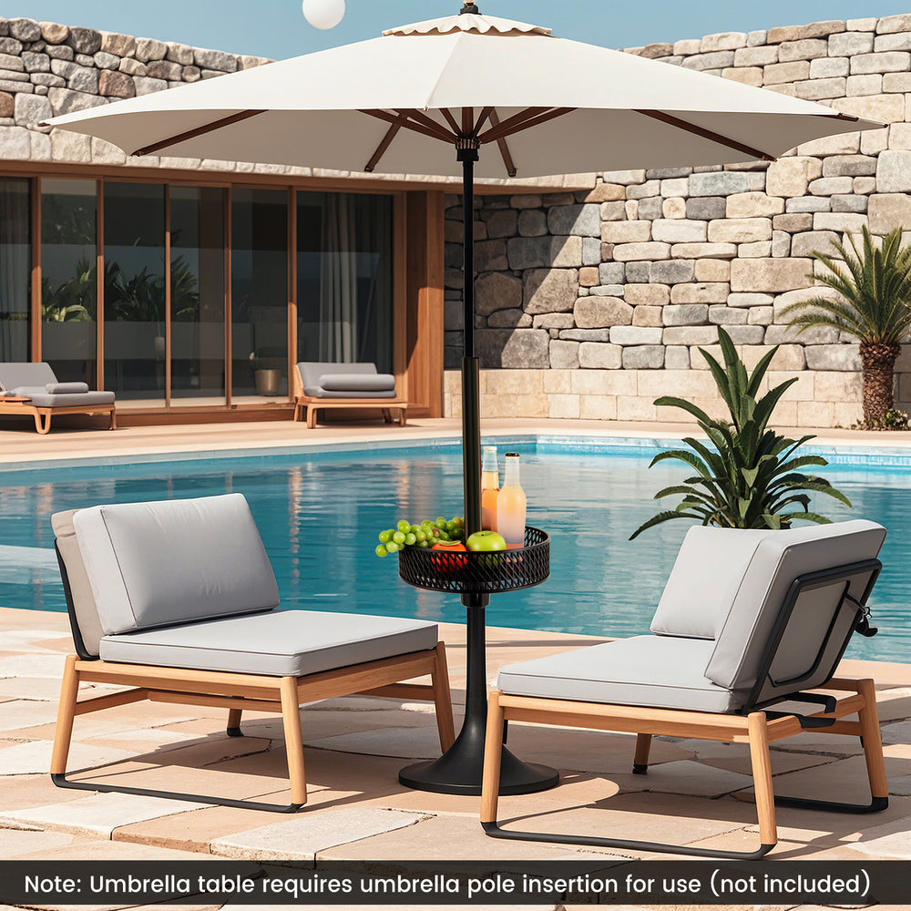 Patio umbrella table tray in black, featuring adjustable adapters for various umbrella sizes, perfect for outdoor.