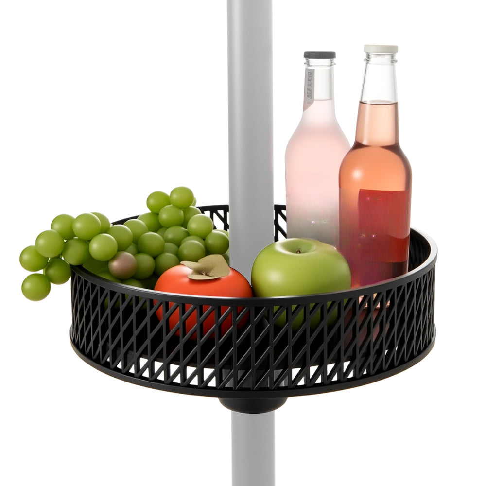 Adjustable black patio umbrella table tray with snacks and drinks, designed for outdoor gatherings and easy assembly.