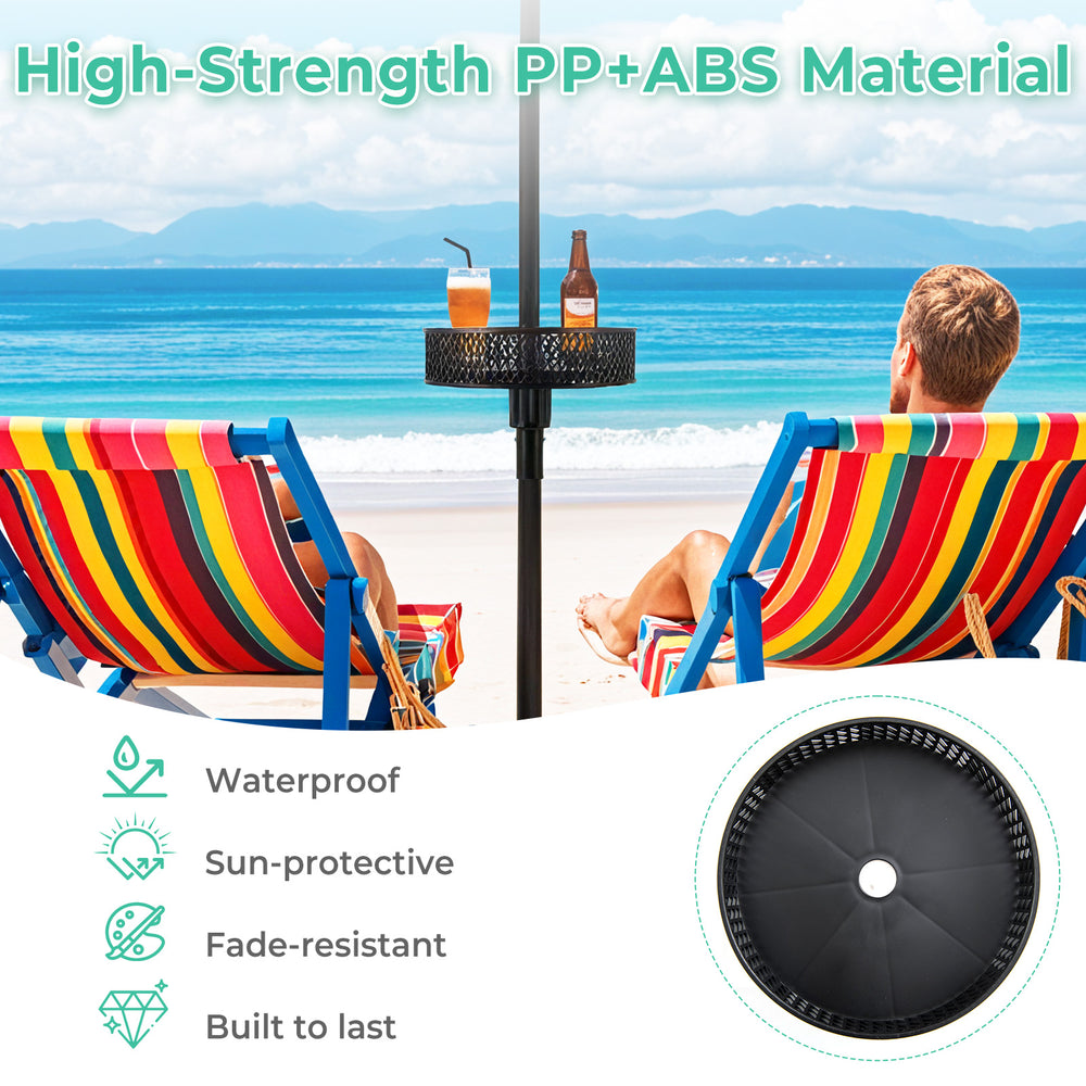 Adjustable black patio umbrella table tray with storage, made of durable ABS, ideal for outdoor snacks and drinks.