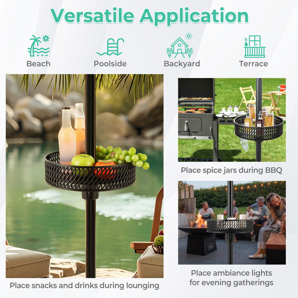 Patio umbrella table tray in black, adjustable for various pole sizes, perfect for holding snacks and drinks outdoors.