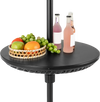 Adjustable black patio umbrella table tray with fruits and drinks, perfect for poolsides and outdoor gatherings.