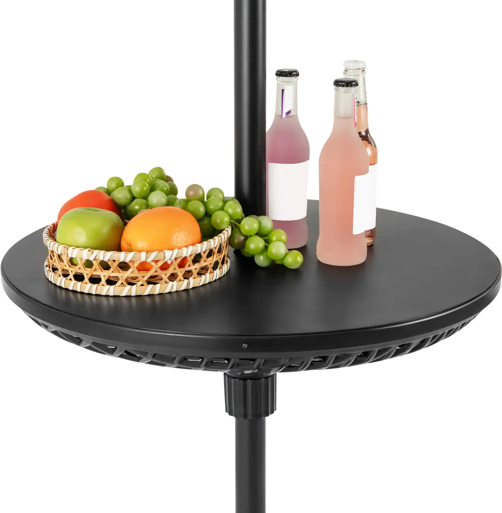Adjustable black patio umbrella table tray with fruits and drinks, perfect for poolsides and outdoor gatherings.