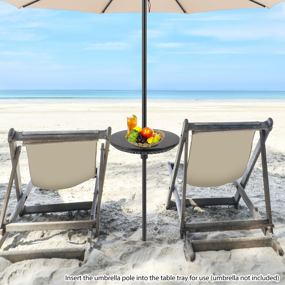 Adjustable black patio umbrella table tray with drinks and fruit, designed for beach and poolside use, lightweight and.