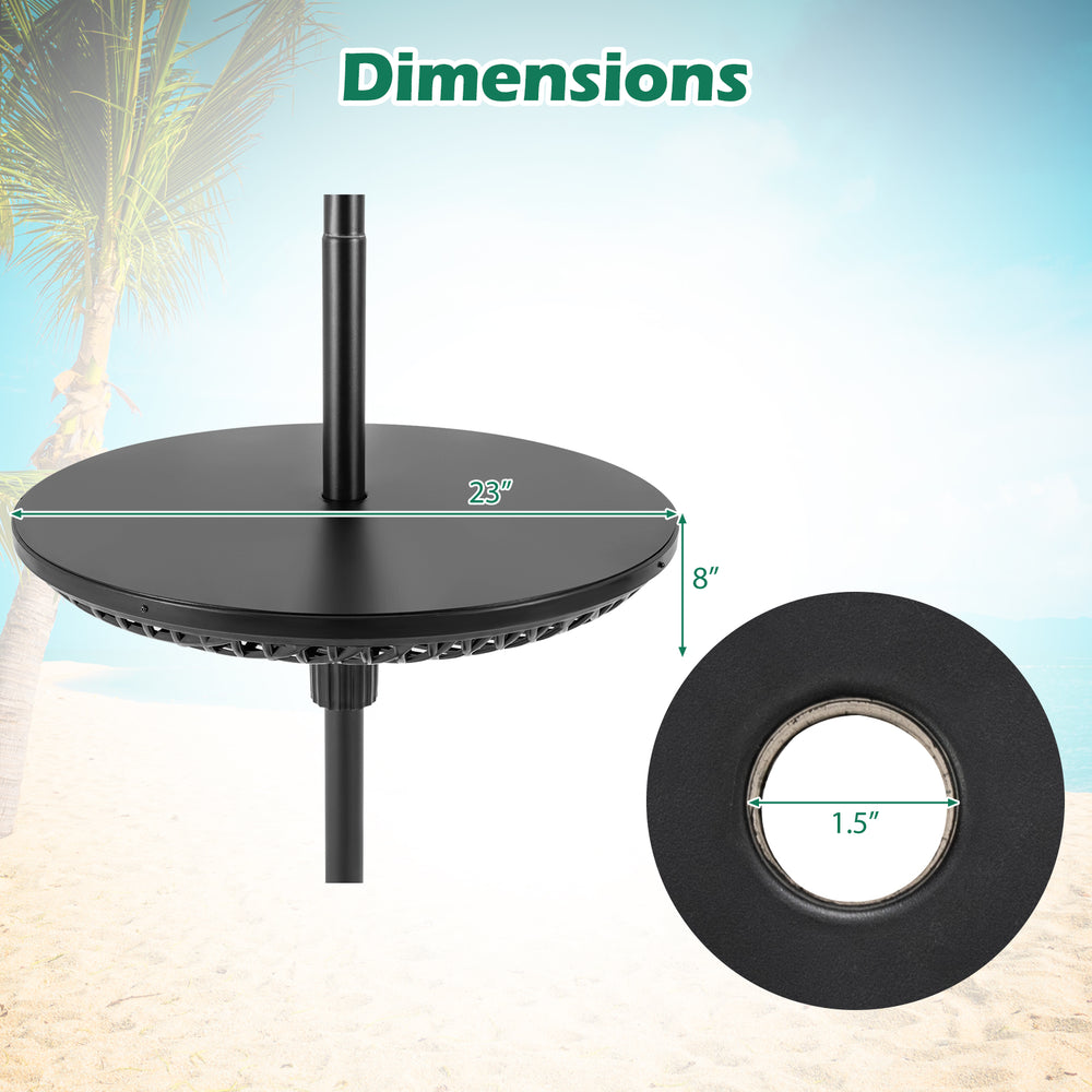 Adjustable black patio umbrella table tray with dimensions 23" diameter and 8" height, designed for stability and.