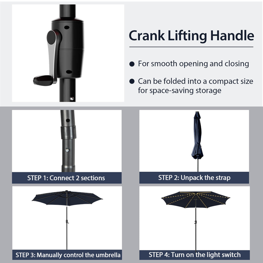Crank lifting handle of a 10 feet navy patio umbrella with solar lights for easy opening and compact storage.