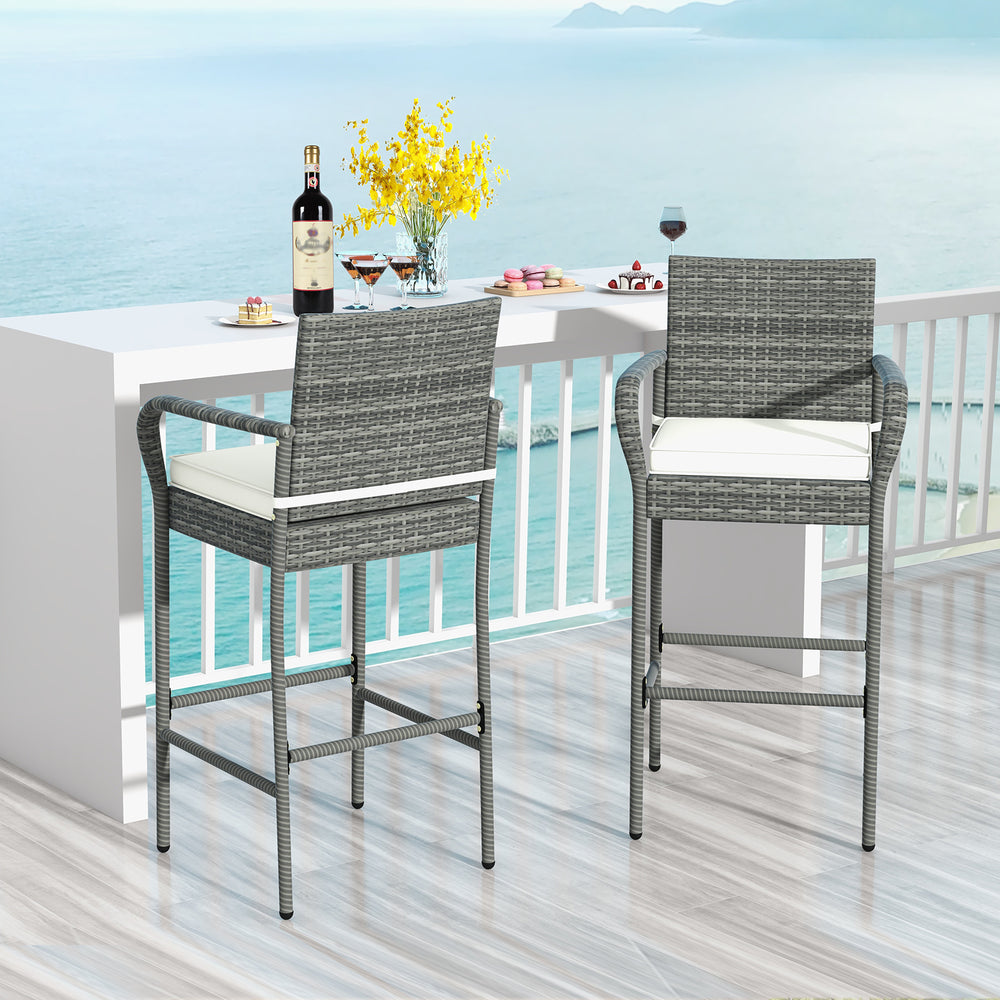 Patio wicker barstools with armrests and soft cushions, featuring a durable gray PE rattan design for outdoor.