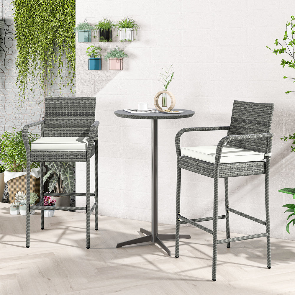 Set of 2 patio wicker barstools with armrests and soft cushions, featuring gray PE rattan, ideal for backyard or.