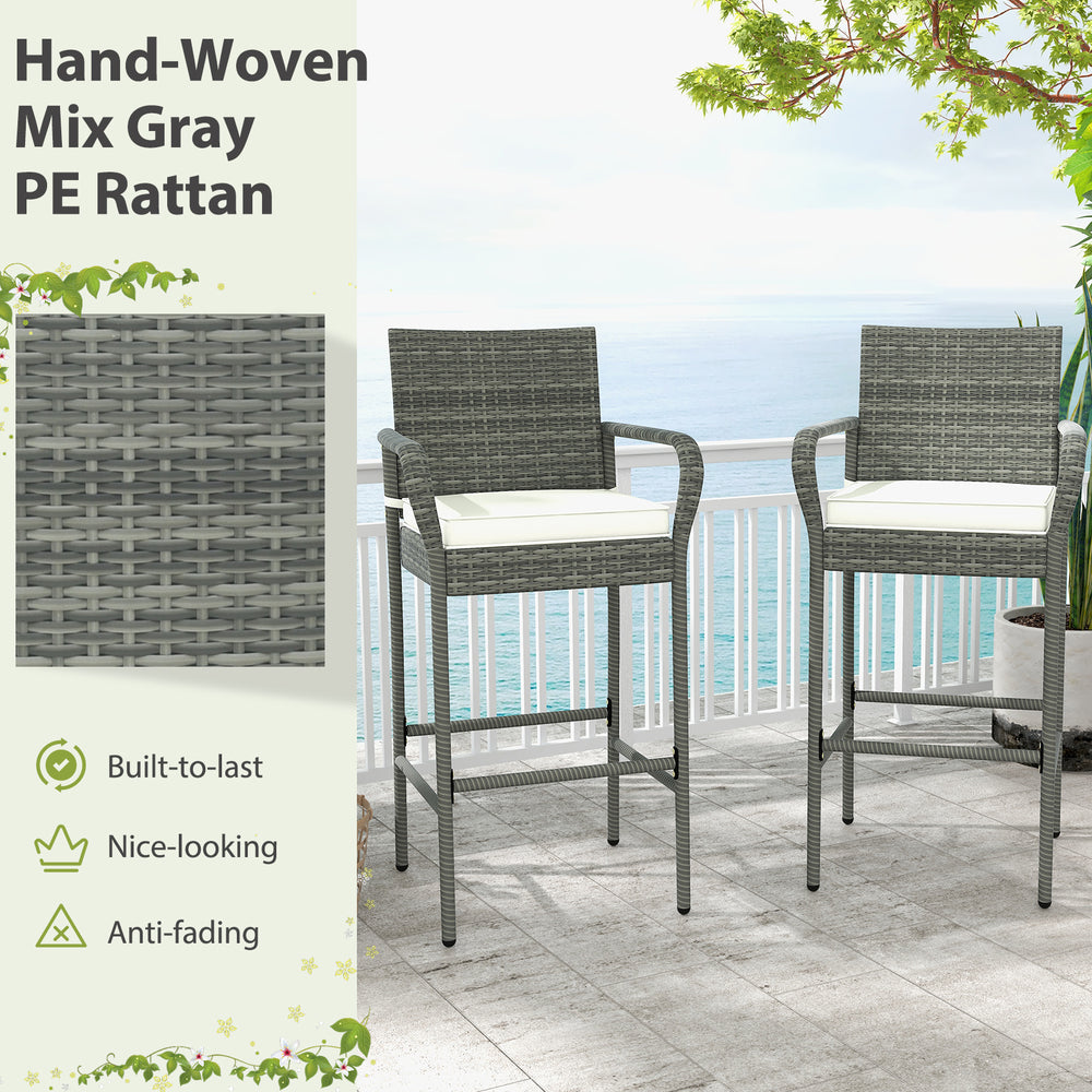Mix gray PE rattan barstools with armrests and soft cushions, perfect for backyard or poolside relaxation.