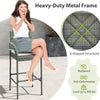 Patio wicker barstool with armrests, soft cushion, and durable gray PE rattan, ideal for backyard and poolside use.