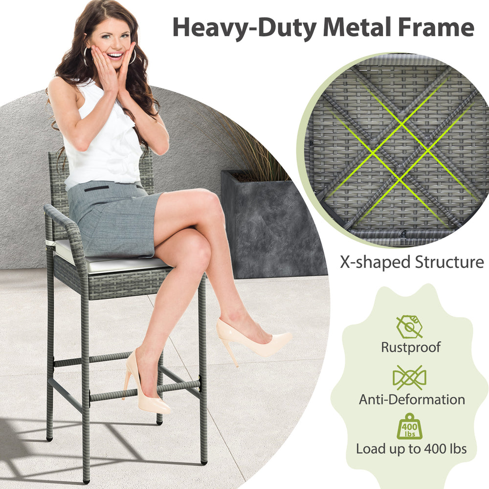Patio wicker barstool with armrests, soft cushion, and durable gray PE rattan, ideal for backyard and poolside use.