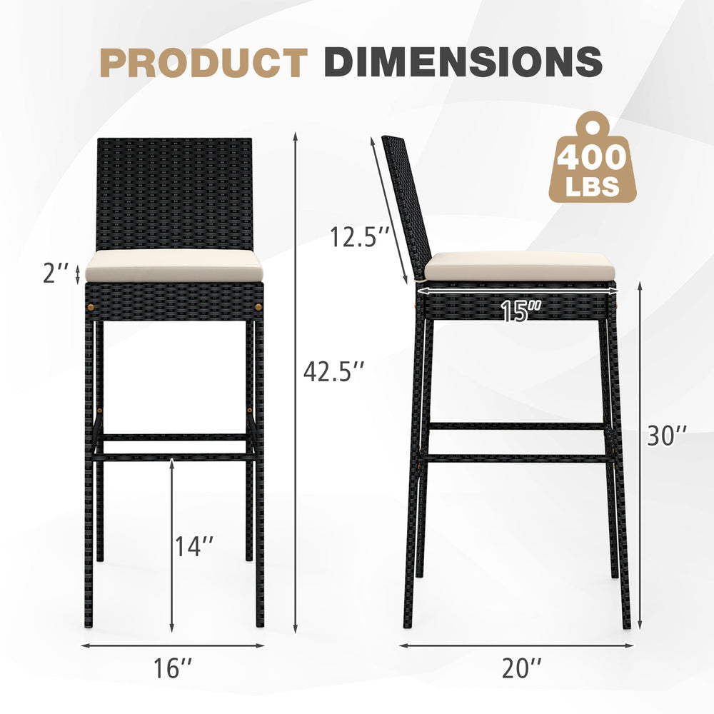 Patio wicker barstools set of 2 with backrest, footrest, and dimensions for backyard or poolside use.
