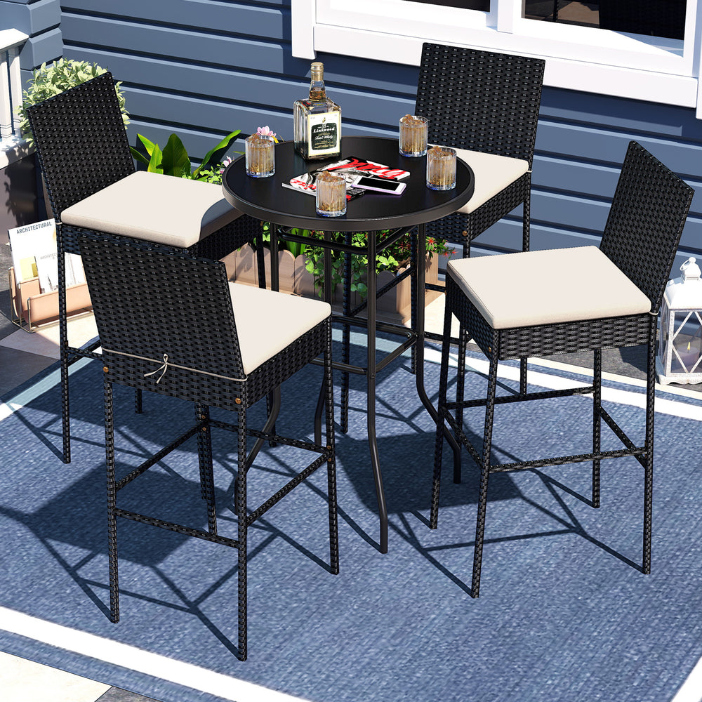 Patio wicker barstools set of 2 with backrest and footrest, featuring cream cushions, ideal for backyard or poolside.