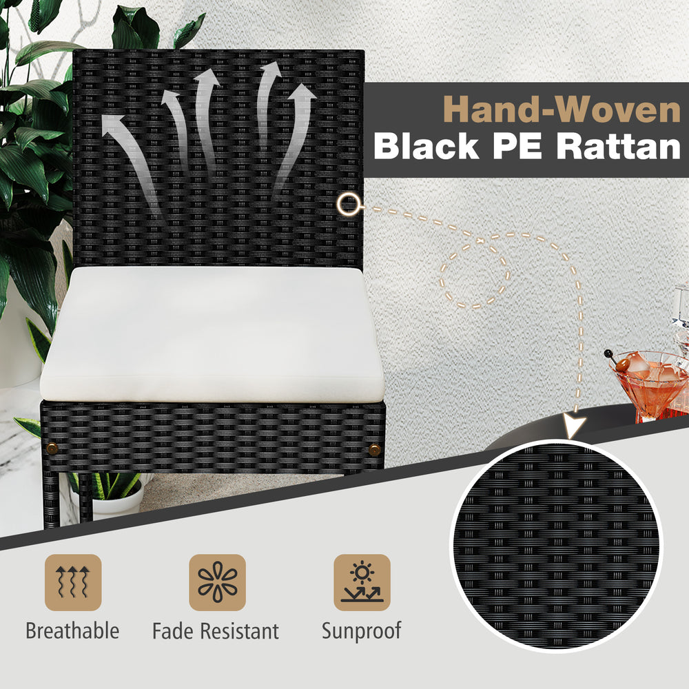 Hand-woven black PE rattan barstool with backrest and cushion, perfect for backyard and poolside relaxation.
