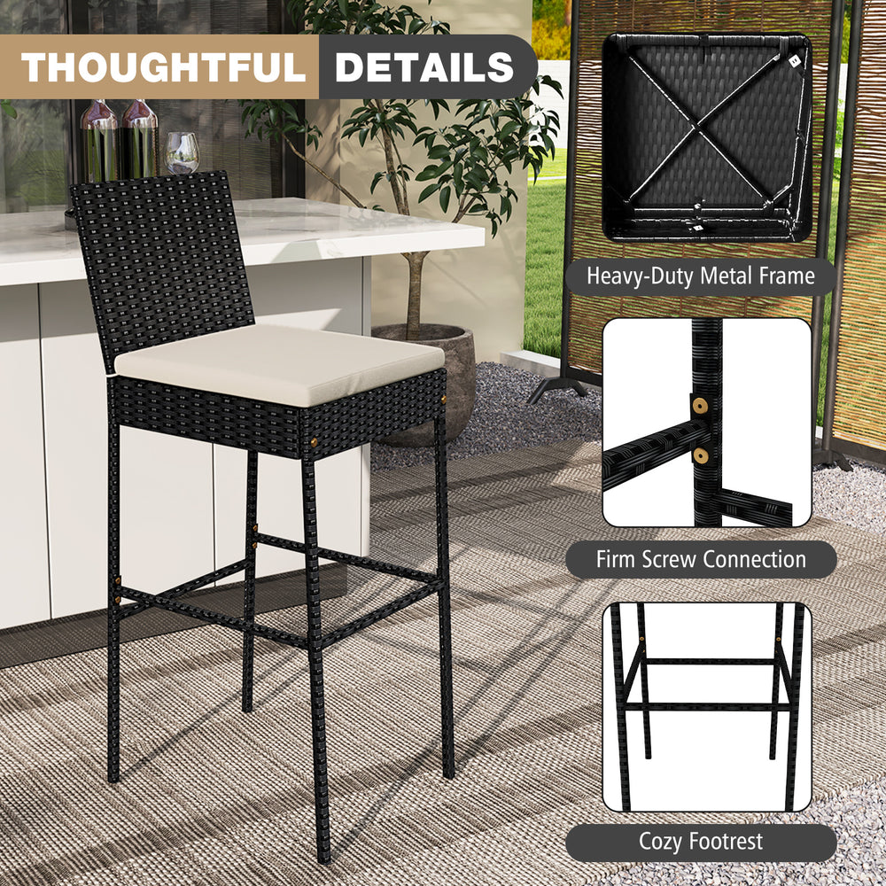 Black patio wicker barstool with backrest and footrest, featuring a durable PE rattan design for backyard comfort.