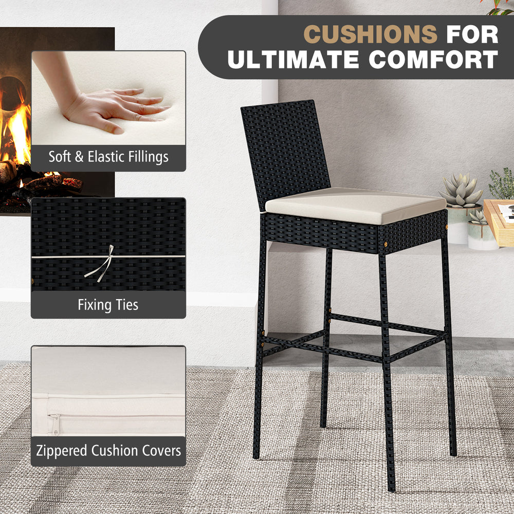 Patio wicker barstool set with backrest and elastic cushions, featuring fixing ties and zippered covers for easy.