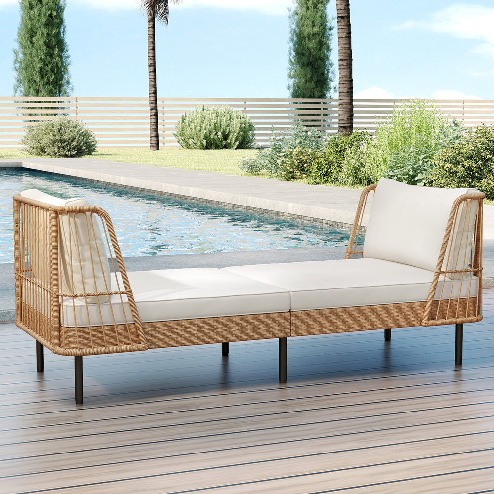 Patio wicker daybed with white cushions, handwoven PE rattan, perfect for outdoor relaxation by the pool.