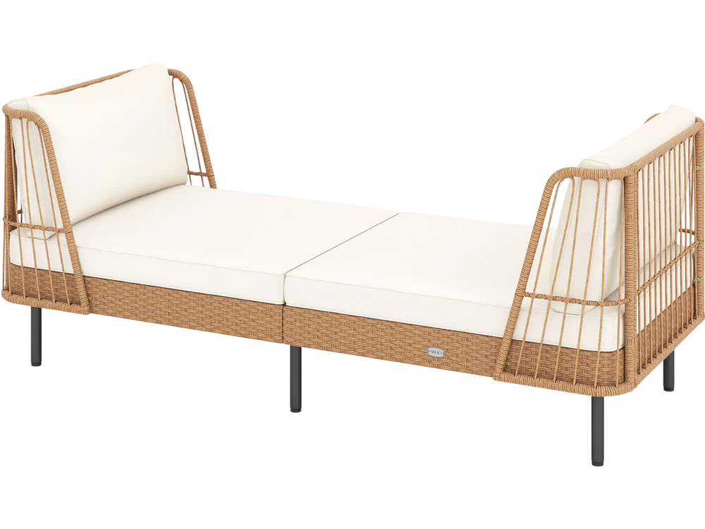 Boho rattan loveseat daybed with white cushions, 72" wide, perfect for outdoor relaxation and comfort.