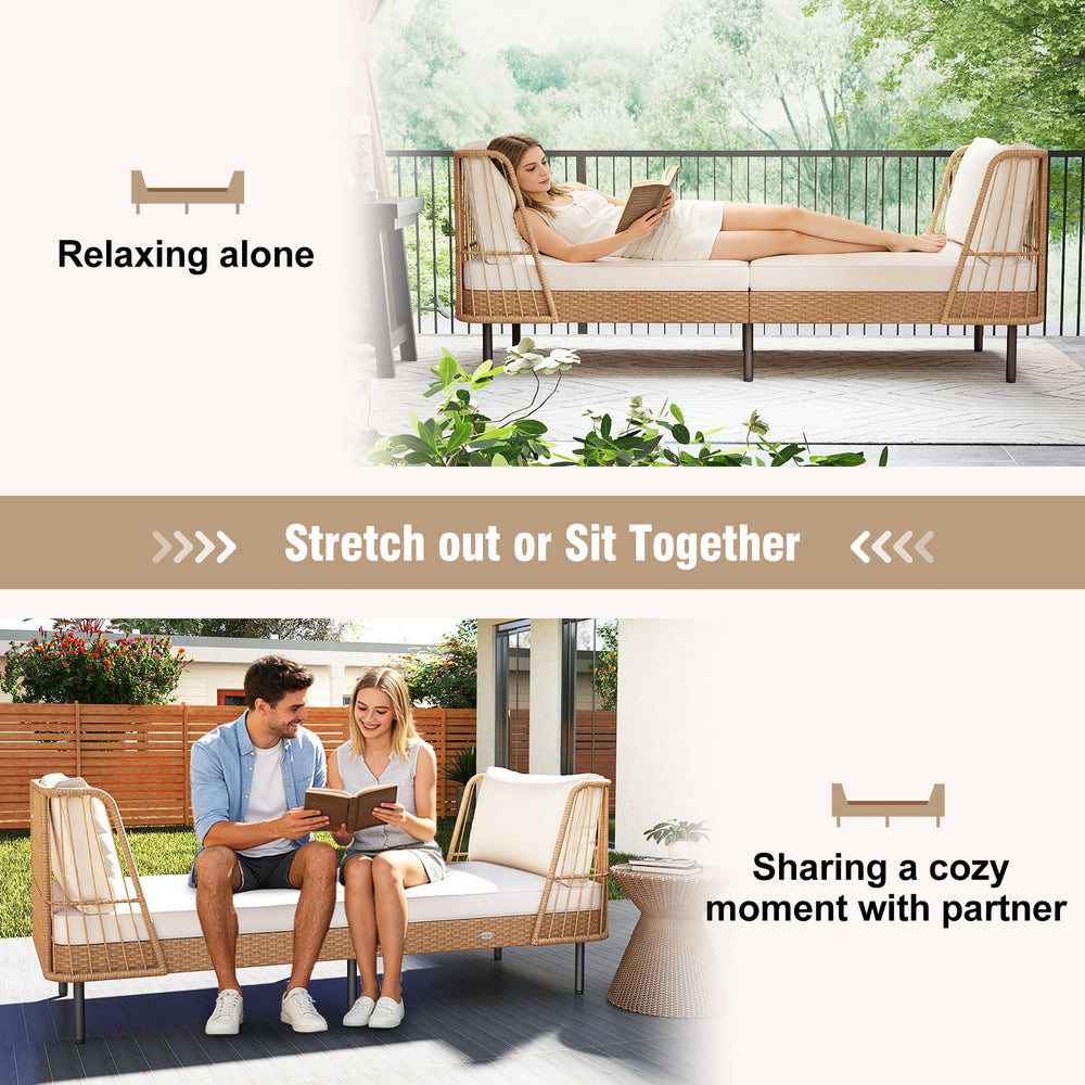 Patio wicker daybed in boho style with soft cushions, perfect for relaxing alone or sharing cozy moments outdoors.