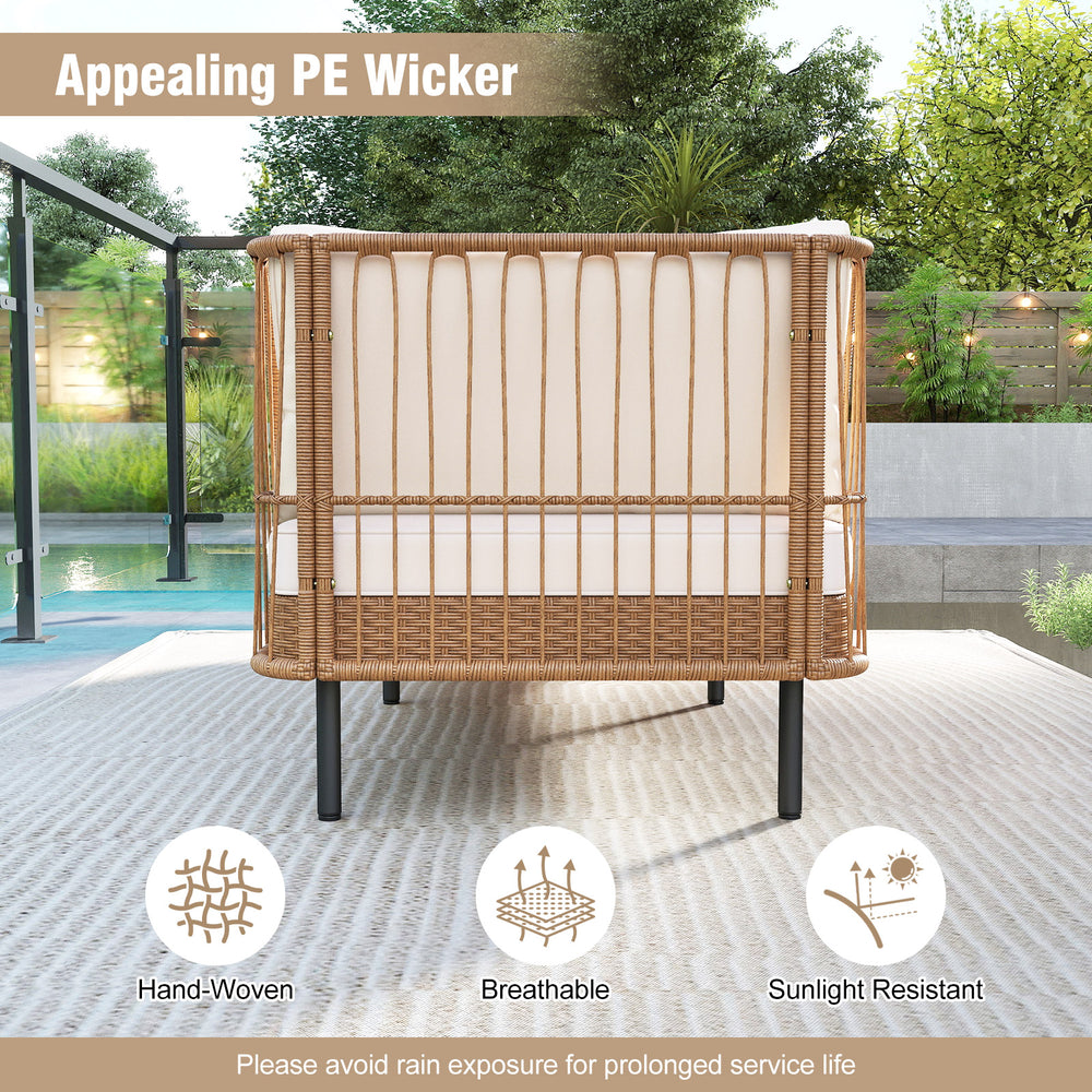 Back view of the Patio Wicker Daybed with handwoven PE rattan, featuring soft cushions for outdoor relaxation.