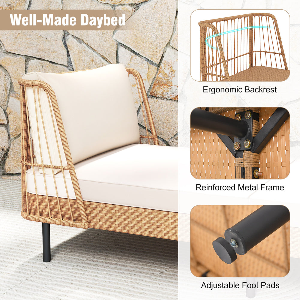 Patio wicker daybed with ergonomic backrest, soft white cushions, and durable handwoven PE rattan for outdoor.