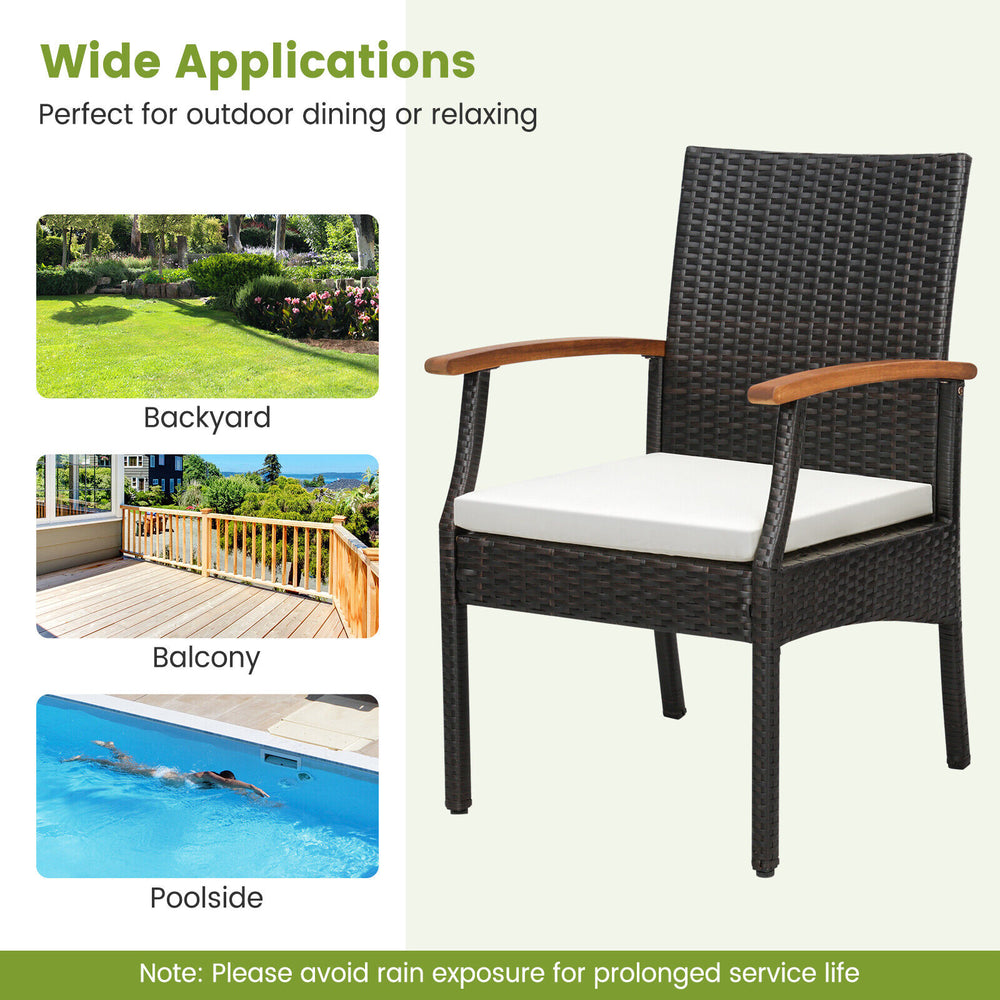 Cushioned dining chair made of hand-woven PE rattan with wood armrests, perfect for outdoor dining or relaxing.