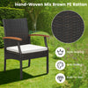 Hand-woven mix brown PE rattan dining chair with wood armrests and soft cushion, perfect for outdoor patio use.