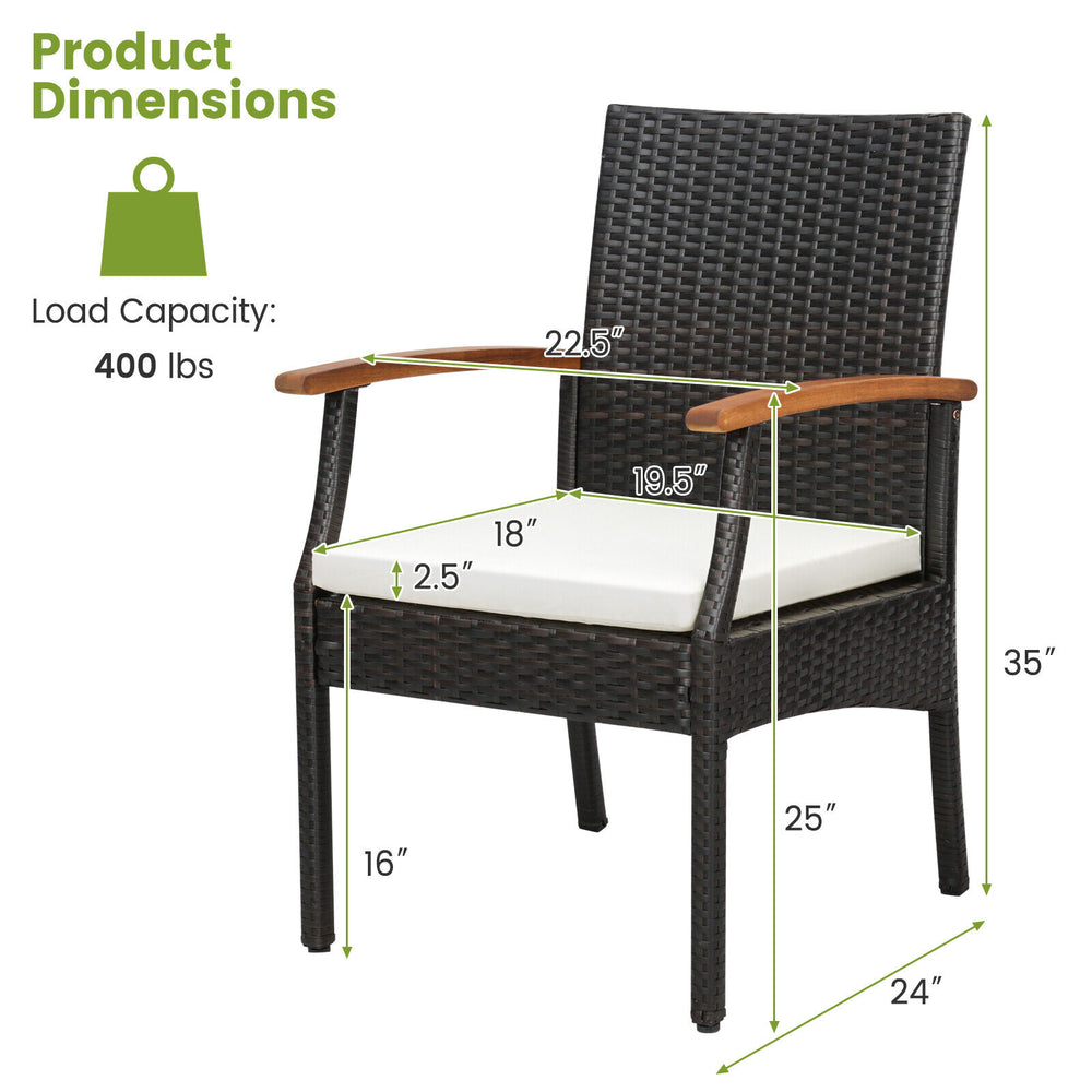 Cushioned dining chair with wood armrests, made of PE rattan, featuring ergonomic design and 400 lbs load capacity.