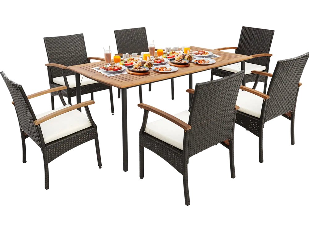 7 Pieces Patio Wicker Cushioned Dining Set with Wood Armrest and Umbrella Hole
