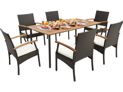 Costway 7-Piece Patio Wicker Cushioned Dining Set w/ Wood Armrests & Umbrella Hole 76593241 New
