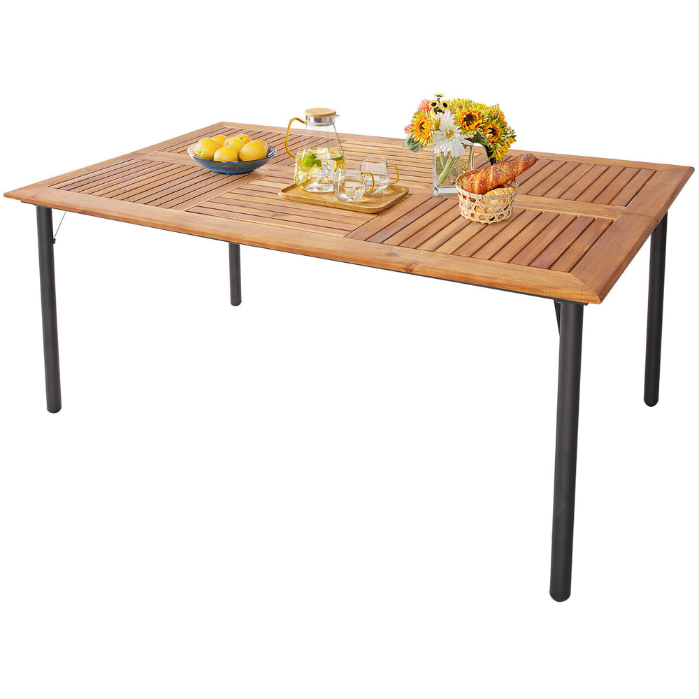 Acacia wood dining table with metal legs, featuring a weather-proof surface, ideal for outdoor patio gatherings.