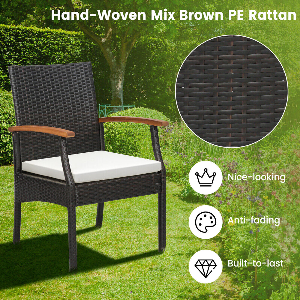 Hand-woven mix brown PE rattan dining chair with wood armrests and cushion, perfect for outdoor patio use.