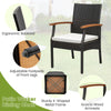 Patio wicker dining chair with acacia wood armrests, ergonomic backrest, and adjustable footpads for outdoor comfort.