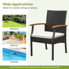 Cushioned patio dining chair with wood armrests, made of PE rattan, ideal for outdoor dining or relaxing by the pool.
