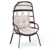 Brown patio wicker egg chair with soft cushions, ergonomic design, and durable metal frame for outdoor relaxation.