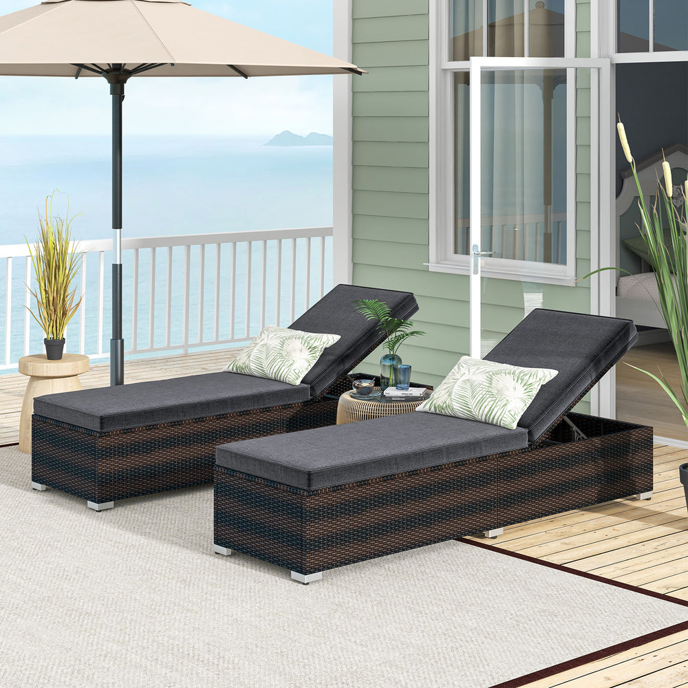 Patio wicker lounge chairs with 4-level backrest and long cushions, designed for outdoor comfort and elegance.