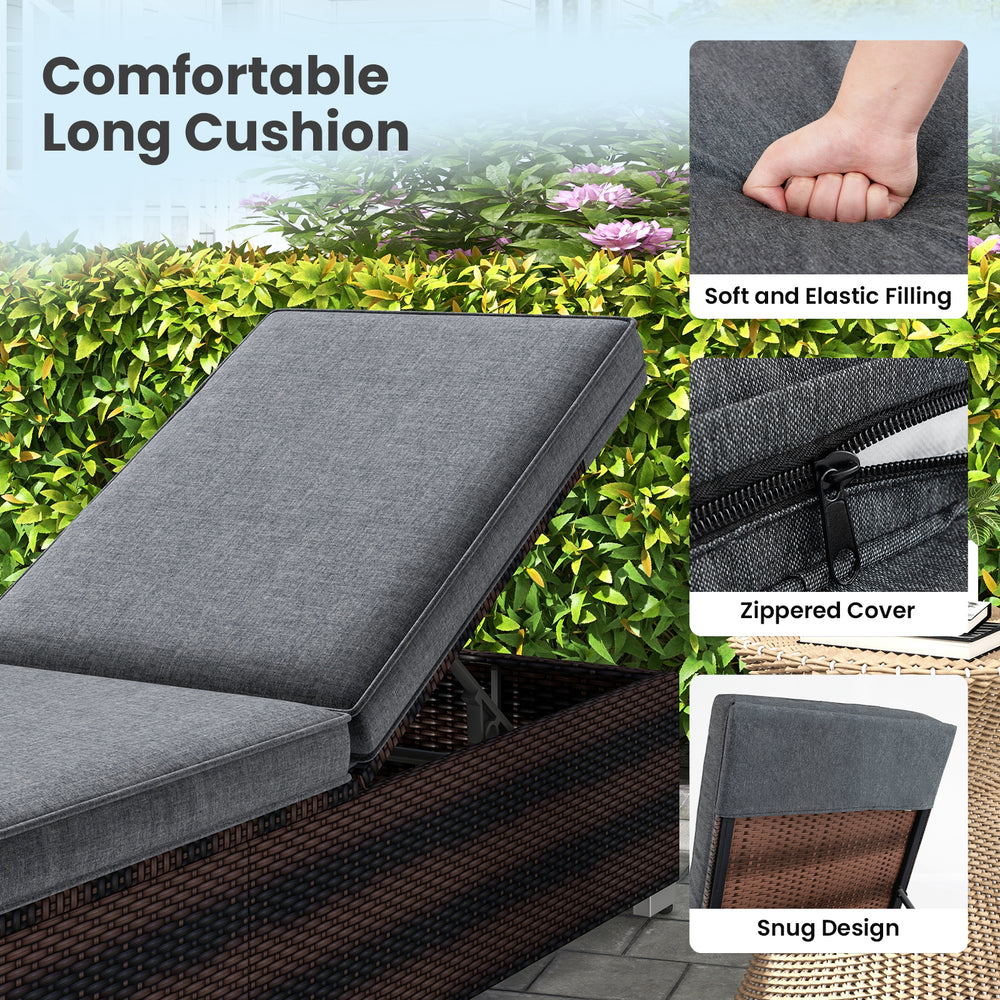 Long cushion for patio wicker lounge chair, featuring soft filling, zippered cover, and snug design for outdoor comfort.